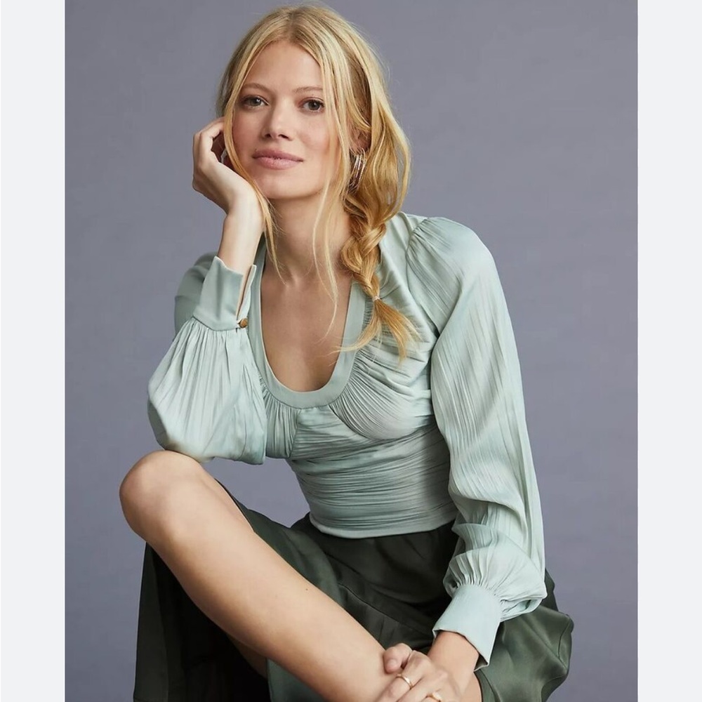 Anthropologie Mint green blouson sleeve blouse